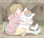  animal_hug blonde_hair cat child closed_eyes eyes_closed male matumoto_mouse natsume_takashi natsume_yuujinchou nyanko solo tears young 