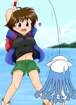  crossover fishing highres ikamusume parody shinryaku!_ikamusume sweatdrop umihara_kawase umihara_kawase_(character) 