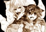  :d alternate_costume animal_ears bad_id cat_ears chen covering covering_face covering_mouth fox_ears fox_tail koumajou_densetsu koumajou_densetsu_2 monochrome multiple_girls multiple_tails open_mouth smile tail tattakatan touhou yakumo_ran 
