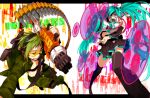  bad_id blue_eyes blue_hair bokura_no_16bit_warz_(vocaloid) bullet camouflage detached_sleeves fumiko_(throughx2) gatling_gun glasses green_hair gumi gun hatsune_miku headphones heterochromia koi_wa_sensou_(vocaloid) letterboxed megaphone nail_polish red_eyes thigh-highs thighhighs twintails vocaloid weapon zettai_ryouiki 