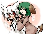  &gt;_&lt; 2girls animal_ears bad_id bare_shoulders blush closed_eyes detached_sleeves dress eyes_closed fang hat inubashiri_momiji kasodani_kyouko kiilowolf multiple_girls o3o open_mouth short_hair tail tokin_hat touhou wavy_mouth white_hair wolf_ears 