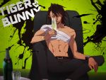  alcohol bandage bandages brown_eyes brown_hair couch cup facial_hair hanehito kaburagi_t_kotetsu male shirtless short_hair sitting solo stubble tiger_&amp;_bunny watch wine_glass wristwatch 