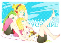  aqua_eyes barefoot blonde_hair brother_and_sister feet hair_ornament hair_ribbon hairclip headphones kagamine_len kagamine_rin legs ribbon short_hair shorts siblings sitting twins vocaloid 