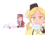  :3 anger_vein blonde_hair boots bow chibi comic cup drill_hair fangs fingerless_gloves gloves hair_bow hair_ornament kisaragi_ryou_(sougetsu-tei) kisaragiya kyubey long_hair looking_at_viewer magical_girl mahou_shoujo_madoka_magica open_mouth polearm ponytail puffy_sleeves red_eyes red_hair redhead ribbon sakura_kyouko silent_comic simple_background sitting smile soul_gem sparkle spoilers teacup tears thighhighs tomoe_mami weapon white_background 