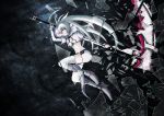  black_rock_shooter_(game) boots bra broken_glass glass glowing glowing_eyes lingerie long_hair pale_skin scythe shorts solo thigh-highs thighhighs topzter twintails underwear white_rock_shooter zettai_ryouiki 