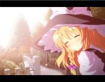  anime_coloring blonde_hair blush braid closed_eyes eyes_closed fence grin hat kirisame_marisa letterboxed shirt smile solo tanpinsansyoku touhou tree witch witch_hat 