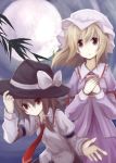  black_hair book brown_eyes dress hand_on_hat hands_on_own_chest hands_to_chest hat_tip long_hair maribel_hearn mugi_(banban53) multiple_girls necktie outstretched_arm short_hair touhou usami_renko 