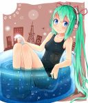  bad_id barefoot blue_eyes colored_eyelashes green_hair hatsune_miku headphones hose long_hair r_star sitting smile solo swimsuit very_long_hair vocaloid wading_pool 