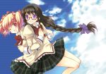  akemi_homura alternate_hairstyle back-to-back black_hair blush body_blush bow braid cloud dress embarrassed frilled_dress frills glasses hair_bow hair_ornament hair_ribbon hand_on_own_chest hand_over_heart hand_to_chest happy kaname_madoka legs locked_arms long_hair mahou_shoujo_madoka_magica open_mouth outdoors pink_eyes pink_hair plaid plaid_skirt pleated_skirt puffy_sleeves purple_eyes red-framed_glasses ribbon scanlines school_uniform shiratama_(fukuya) short_hair short_twintails shy single_braid skirt sky smile spoilers tama_two_(fukuya) thighs twintails violet_eyes wink 