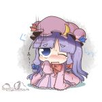  arm_up blue_eyes blush chibi crescent cup dekasudachin dress open_mouth patchouli_knowledge pink_dress purple_hair sitting solo spilling teacup tears touhou wink 