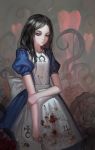  alice_(wonderland) alice_in_wonderland alphonse_(white_datura) american_mcgee&#039;s_alice american_mcgee's_alice apron arm_grab black_hair blood blood_on_clothes bloody_clothes blue_dress brown_hair dress duplicate flower green_eyes jewelry knife lips long_hair necklace pendant red_rose rose solo vines 