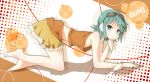  1girl all_fours bad_id barefoot character_name chin_rest dress gingami goggles goggles_on_head green_eyes green_hair gumi nagomi_no_ame orange_dress short_hair skirt smile solo vocaloid wrist_cuffs 