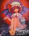  barefoot bow feet hat hat_bow highres john_(pixiv2830885) oil_painting_(medium) remilia_scarlet sample short_hair sitting skull solo touhou traditional_media 