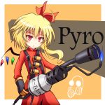  1girl blonde_hair cosplay dress explosive flamethrower flandre_scarlet gas_mask gloves grenade hair_ribbon red_dress red_eyes ribbon side_ponytail solo sumapan team_fortress_2 the_embodiment_of_scarlet_devil the_pyro the_pyro_(cosplay) touhou translated translation_request weapon wings 