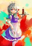  apron between_fingers blue_eyes bottle braid carrying cup elbow_gloves frilled_skirt frills gloves izayoi_sakuya knife maid maid_headdress nihimaru pantyhose pocket_watch short_hair silver_hair skirt skirt_set solo tablet teacup throwing_knife touhou tray twin_braids watch weapon 