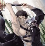  asymmetrical_clothes asymmetrical_clothing belt black_eyes black_hair character_request coat frown kurosawa_yuichi kurosawa_yuuichi male muscle pauldron pauldrons serious solo sumi_keiichi sword weapon wizard&#039;s_brain wizard's_brain 