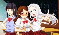  alternate_costume alternate_hairstyle alternate_timeline anjou_naruko ano_hi_mita_hana_no_namae_wo_bokutachi_wa_mada_shiranai black_hair blue_eyes brown_eyes brown_hair chalkboard classroom glasses honma_meiko long_hair mishiyomi_kazumi multiple_girls school_desk school_uniform silver_hair skirt sweater_vest time_paradox tsurumi_chiriko twintails v 