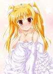  blush bow breasts cleavage down_blouse dress eccentriky elbow_gloves fate_testarossa gloves hair_bow lyrical_nanoha mahou_shoujo_lyrical_nanoha red_eyes tiara twintails wedding_dress 