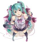  aqua_eyes aqua_hair bare_shoulders bowtie detached_sleeves from_above hatsune_miku headset long_hair megaphone open_mouth sk solo speaker thigh-highs thighhighs twintails very_long_hair vocaloid zettai_ryouiki 