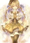  angel_wings ayuki bad_id blonde_hair drill_hair flower gloves hair_ornament hat highres long_hair magical_girl mahou_shoujo_madoka_magica skirt solo thigh-highs thighhighs tomoe_mami twin_drills twintails wings yellow_eyes 