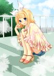  blonde_hair blue_eyes hair_ornament hair_ribbon hairclip kagamine_rin ribbon sandals short_hair smile solo squatting tears vocaloid yayoi_(egoistic_realism) 