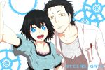  black_hair blue_eyes collarbone facial_hair gears labcoat okabe_rintarou open_mouth outstretched_arm pen shiina_mayuri short_hair smile steins;gate stubble yellow_eyes 