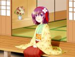  blush flower hair_flower hair_ornament hairband hands_together hieda_no_akyuu japanese_clothes kimono looking_up purple_eyes purple_hair shierutei short_hair sitting smile solo touhou vase veranda violet_eyes 