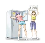  241543903 2girls ^_^ ^o^ brown_hair closed_eyes eyes_closed hair_bobbles hair_ornament harao long_hair meme multiple_girls navel open_mouth original purple_hair refrigerator short_hair sign sign_holding simple_background smile twintails typo 