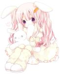  absurdres animal_ears artist_request barrette blush bow bunny_ears carrot copyright_request detached_sleeves dress flour_(artist) hair_ornament hairclip highres long_hair pink_hair purple_eyes sitting solo stuffed_animal stuffed_toy twintails wavy_hair 