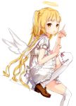  blonde_hair blush flat_chest halo loafers long_hair minidress original photoshop shoes short_twintails simple_background sitting solo thigh-highs thighhighs twintails very_long_hair white_legwear wings yellow_eyes 