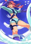  cloud clouds flying fuuro_(pokemon) gloves hair_ornament kiyosi midriff navel open_mouth pokemon pokemon_(game) pokemon_black_and_white pokemon_bw red_hair redhead sky solo swanna 