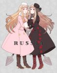  :d axis_powers_hetalia blonde_hair blush boots coat cross-laced_footwear dark_persona dress dual_persona flower fur_hat fur_trim genderswap gloves grin hand_holding hat highres holding_hands lace-up_boots long_hair multiple_girls open_mouth purple_eyes red_eyes russia_(hetalia) shovel smile symmetrical_hand_pose violet_eyes waniwani worktool 