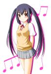  arms_behind_back blush brown_eyes k-on! long_hair musical_note nakano_azusa punita school_uniform sweater_vest twintails 