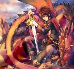  black_hair cape crown dragon kingchenxi lucas_(pixiv_fantasia) male pixiv_fantasia pixiv_fantasia_5 red_eyes sitting solo sword weapon 