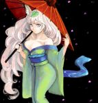  bare_shoulders blue_eyes breasts cherry_blossoms cleavage drawr fox_ears grey_hair japanese_clothes kimono long_hair oboro_muramasa oboro_muramasa_youtouden oekaki oriental_umbrella petals solo umbrella very_long_hair water yuzuruha 