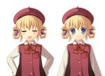  2girls =_= alternate_hairstyle ayamisiro beret blue_eyes bow braid closed_eyes dual_persona expressions eyes_closed hair_rings hands_on_hips hat multiple_girls patty_fleur ribbon smile solo tales_of_(series) tales_of_vesperia 