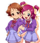  :d ;d bow brown_eyes brown_hair hair_bobbles hair_ornament hands_on_hips happy lliillii multiple_girls natsuki_rin open_mouth pink_eyes pink_hair precure ribbon school_uniform short_hair short_twintails skirt smile twintails two_side_up wink yes!_precure_5 yumehara_nozomi 
