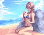  1girl bikini breasts cleavage female highres large_breasts long_hair navel ocean original pink_eyes pink_hair red_eyes red_hair redhead rock saiste sitting smile solo strap_pull swimsuit wariza 