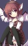  animal_ears black_legwear brown_dress dress earrings frilled_dress frills hand_on_own_chest hand_to_chest hands hat hirasato jewelry jpeg_artifacts long_sleeves mystia_lorelei pantyhose red_eyes red_hair redhead short_hair simple_background sitting smile solo touhou wings 