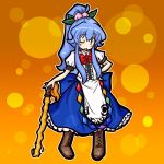  alternate_hairstyle blue_hair boots bow cross-laced_footwear dress eruru_(erl) eruru_(pixiv356391) food fruit hair_bow hinanawi_tenshi lace-up_boots long_hair peach ponytail red_eyes ribbon solo sword touhou weapon wink 