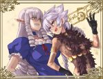  armlet bad_id braid choker drill_hair fur grin hand_on_shoulder jewelry long_hair monster_girl multiple_girls paws pixiv_fantasia pixiv_fantasia_5 pointy_ears red_eyes ring ringlets silver_hair smile sumith sweatdrop yellow_eyes 