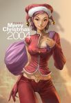 asymmetrical_clothing breasts christmas cleavage cross curvy hat lips midriff pepper_project purple_hair red_eyes sack santa_hat signature single_glove stanley_lau 