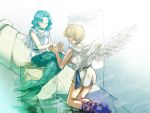  2girls angel_wings ankle_lace-up bishoujo_senshi_sailor_moon choker cross-laced_footwear green_hair kaiou_michiru long_hair mermaid monster_girl multiple_girls short_hair ten&#039;ou_haruka ten'ou_haruka wavy_hair wings yuri 