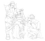  antonio_lopez armor boots cape crossed_legs facial_hair feathers flower hand_kiss hat highres kaburagi_t_kotetsu kiss kneeling legs_crossed lineart male mask monochrome multiple_boys nathan_seymour short_hair sitting stubble tiger_&amp;_bunny yoisho yoisho_(yoi) 