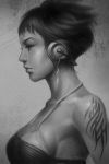  breasts bust headphones lips monochrome pepper_project short_hair sideboob signature sketch solo stanley_lau tattoo 