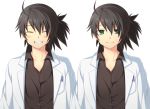  2boys ^_^ ahoge ayamisiro black_hair closed_eyes contemporary dual_persona expressions eyes_closed facial_hair green_eyes grin labcoat male messy_hair multiple_boys ponytail raven raven_(tov) smile solo stubble tales_of_(series) tales_of_vesperia white_background 