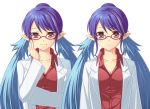  2girls blue_hair breasts contemporary dual_persona expressions glasses hair_bun judith labcoat long_hair multiple_girls pointy_ears smile solo tales_of_(series) tales_of_vesperia twintails 