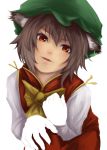  animal_ears bad_id brown_hair chen face hat incomplete kirieppa open_mouth red_eyes short_hair simple_background solo touhou 