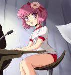  bare_legs blush_stickers buruma chair commentary_request flower flx gym_uniform hair_ornament hieda_no_akyuu microphone open_mouth pink_eyes pink_hair sitting solo touhou 