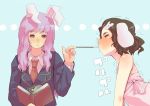  :&lt; animal_ears bare_shoulders blush book brown_hair bunny_ears closed_eyes eyes_closed gozaemon gyoza_emon hair_ornament inaba_tewi long_hair multiple_girls necktie pocky pocky_kiss purple_hair reisen_udongein_inaba shared_food short_hair touhou trembling 